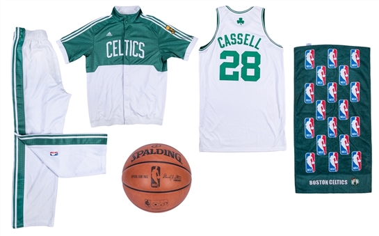 2008 Sam Cassell NBA Finals Boston Celtics Game Used Jersey & Equipment Collection (5) Includes Road Jersey, Warm Up Jacket/Pants, Towel & Basketball (MeiGray LOA For Jersey)